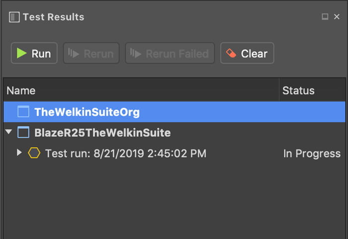 Test Results in The Welkin Suite shows information about unit tests in multiple organizations at the same time